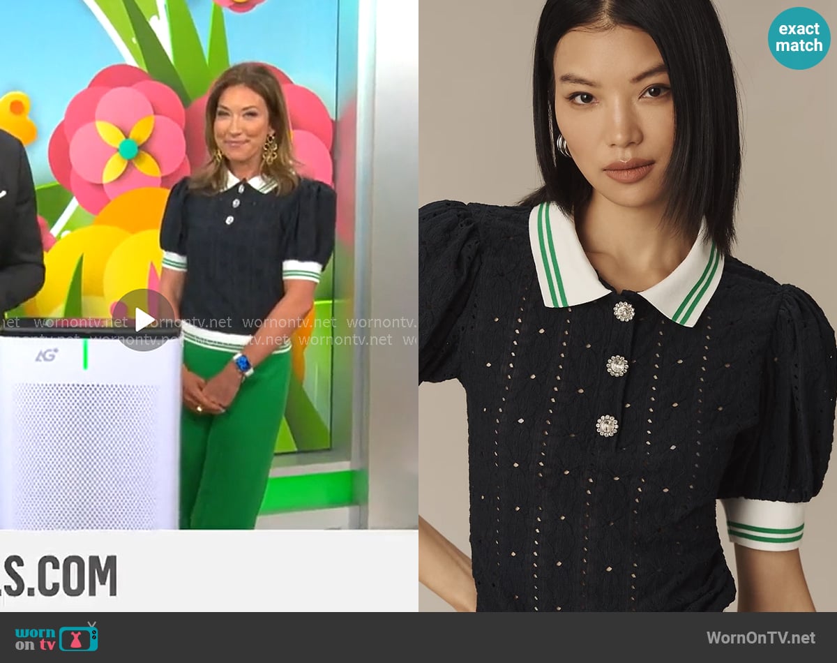 Maeve Puff-Sleeve Lace Polo Top worn by Courtney Cason on CBS Mornings