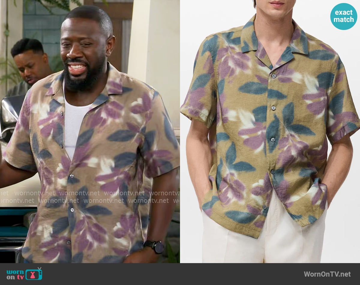 Mango Abstract Floral Print Camp Shirt worn by Malcom (Sheaun McKinney) on The Neighborhood