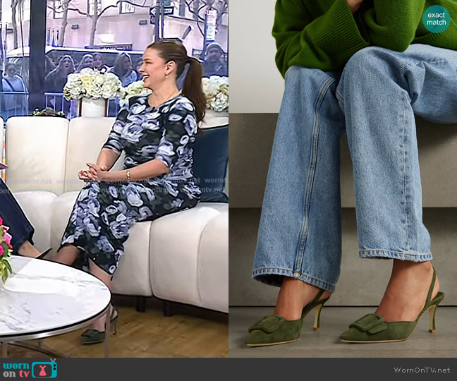 Manolo Blahnik Maysli 70 Buckled Suede Slingback Pumps in Army Green worn by Lo Bosworth on Today