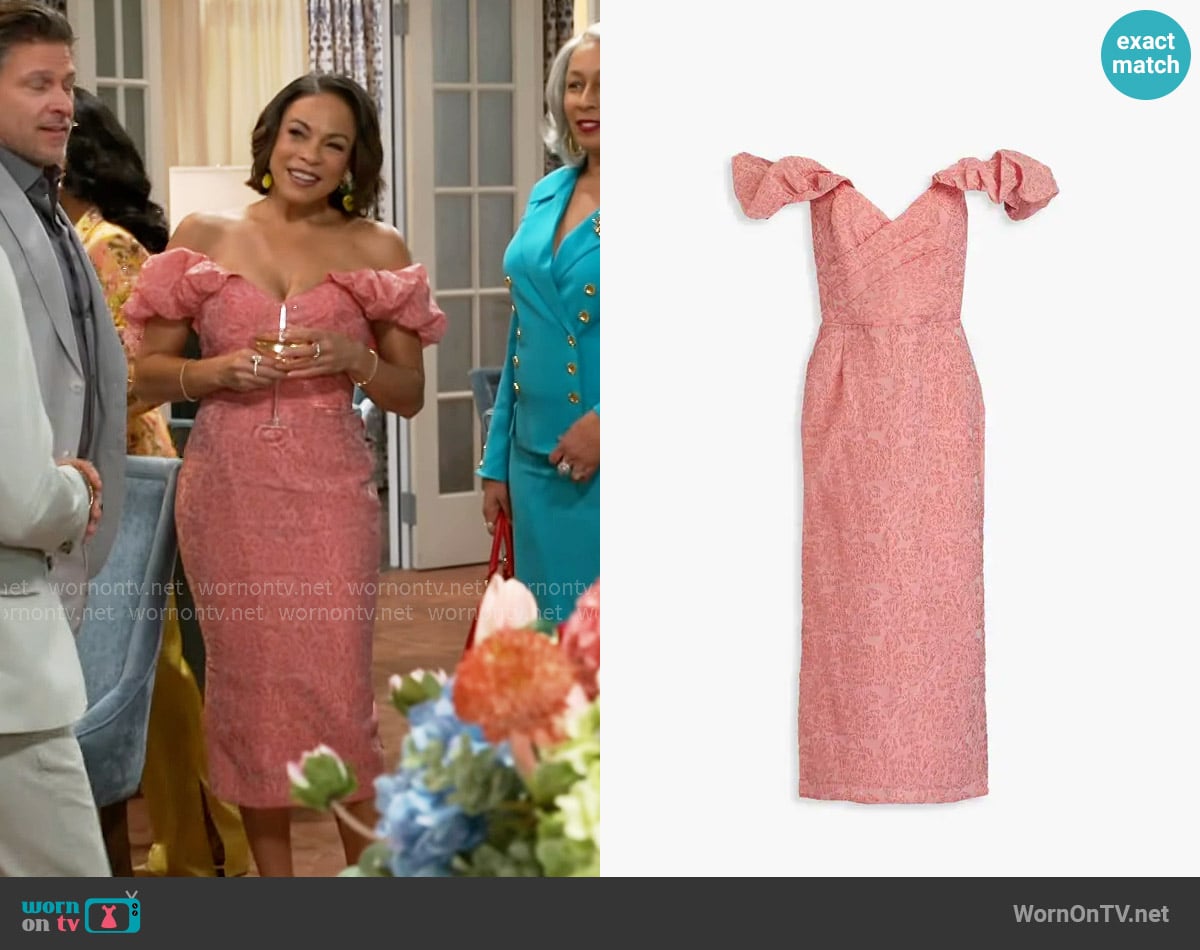 Marchesa Notte Off-the-shoulder pleated cloqué midi dress worn by Nicole Dupree Richardson (Daphnee Duplaix) on Beyond the Gates