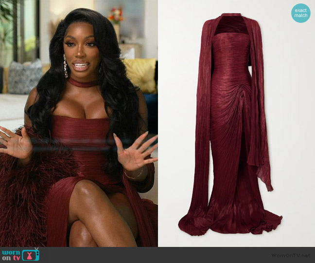 Marmar Halim Strapless plisse silk-satin gown and cape worn by Porsha Williams on The Real Housewives of Atlanta
