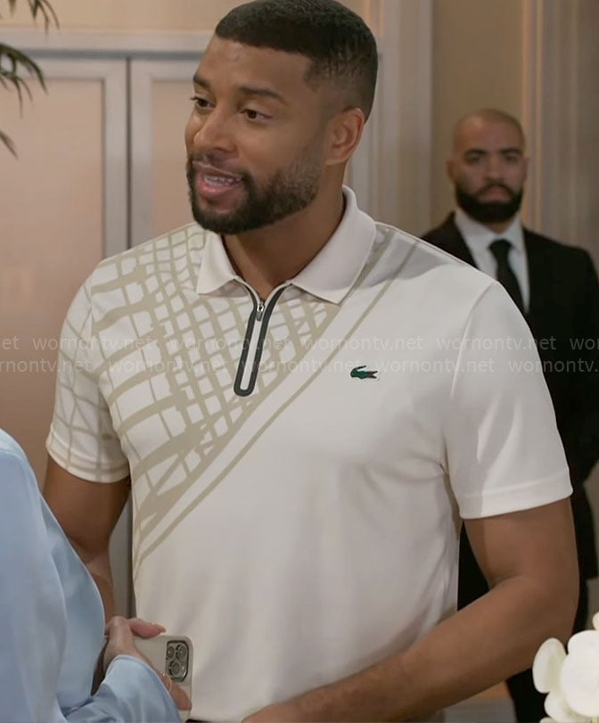 Martin’s white and beige placement print polo on Beyond the Gates