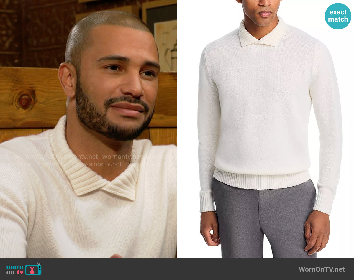 Maurizio Baldassari Split Mock Neck Cashmere Sweater in Cream worn by Malcolm Winters (Shemar Moore) on The Young and the Restless