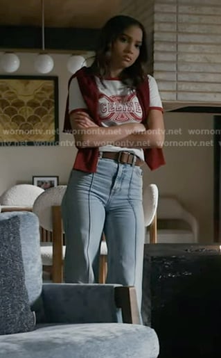 May’s white print tee and flare jeans on 9-1-1