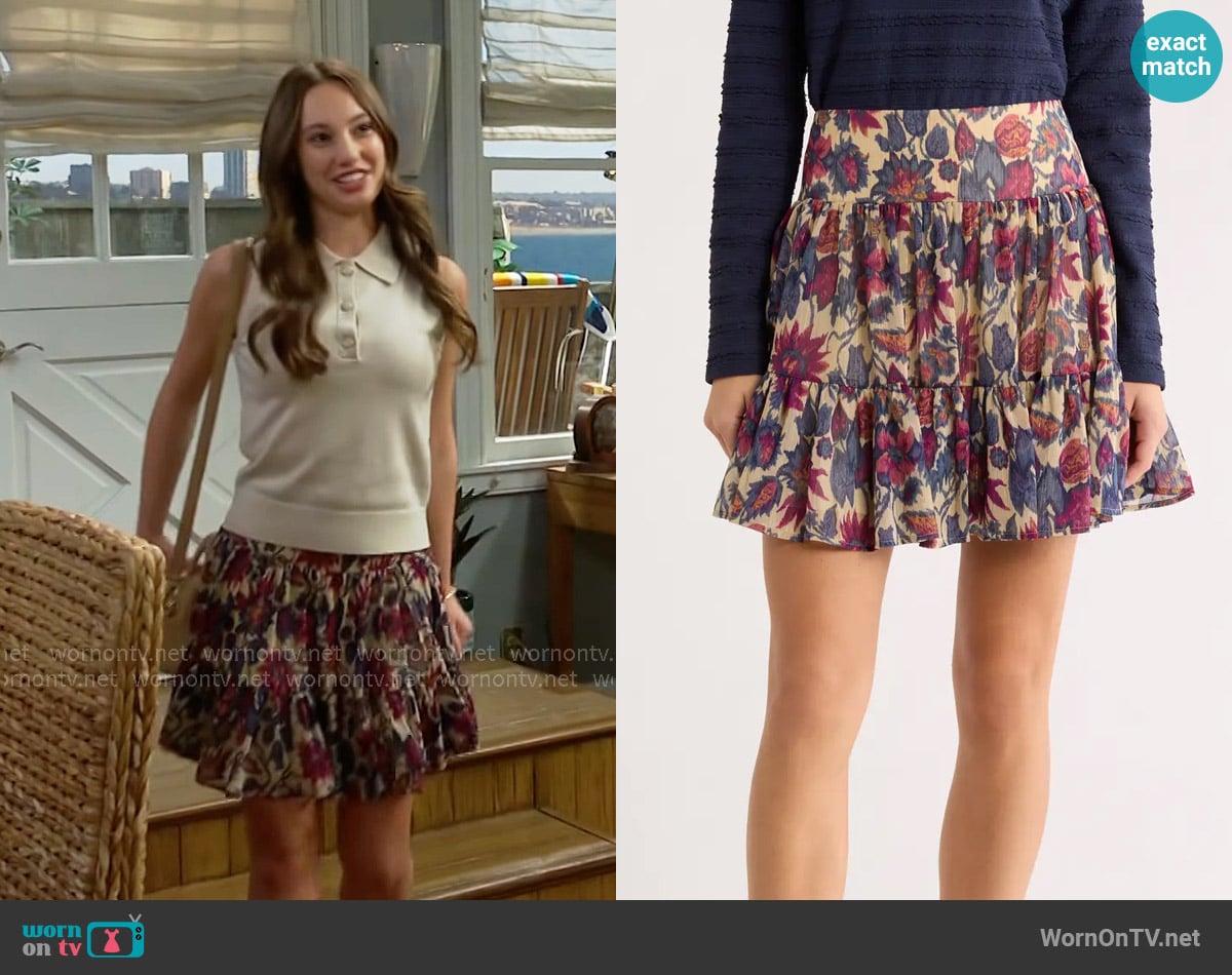 Melrose and Market Tiered Chiffon Skirt in Tan- Green Floral Streak worn by Melissa Dylan (Sydney Bullock) on The Bold and the Beautiful