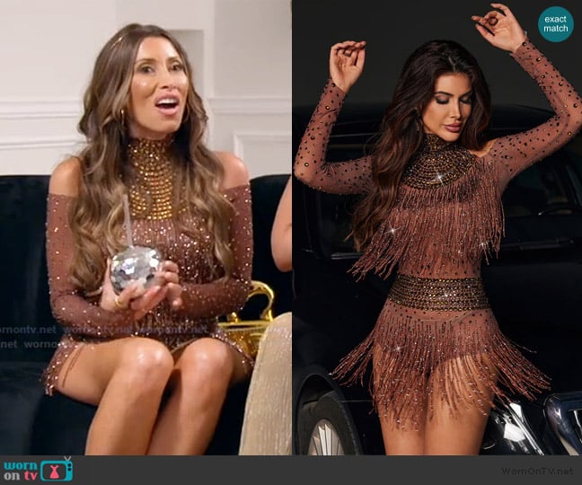 Mew Mews Safa Rhinestone Glitter Fringe Bodysuit worn by Alicia Carmody on The Real Housewives of Rhode Island