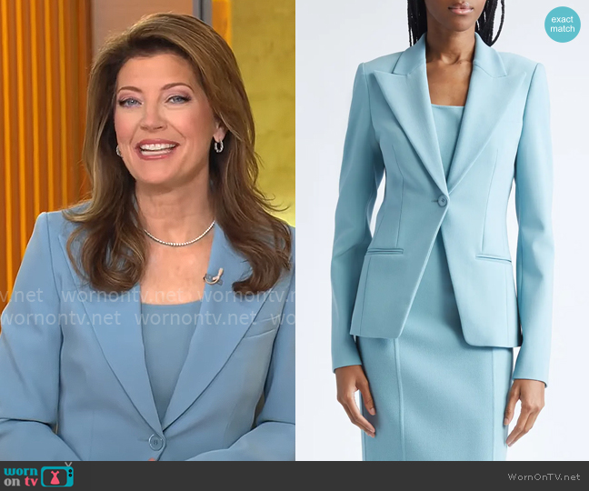 Michael Kors Collection Peak Lapel Wool Blend Blazer in Seaglass worn by Norah O'Donnell on CBS Mornings