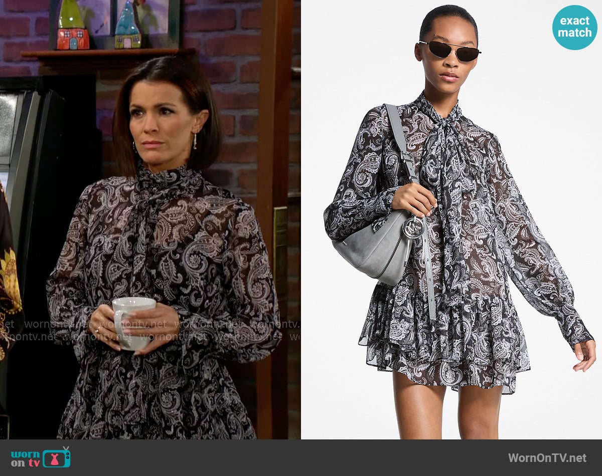 MICHAEL Michael Kors Metallic Paisley Georgette Tie-Neck Dress worn by Chelsea Lawson (Melissa Claire Egan) on The Young and the Restless