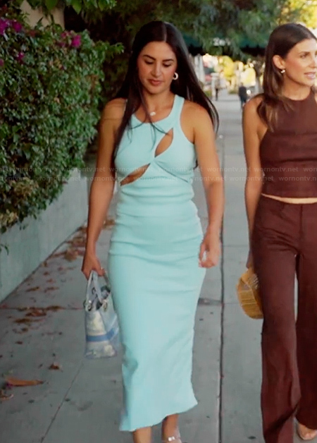 Michelle’s blue cutout top and skirt on The Valley