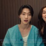 Min Ho’s white tank and blue v-neck cardigan on XO Kitty