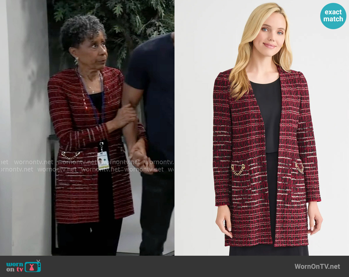 Misook Heritage Multi-Stitch Knit Jacket in Scarlet Red / Sand worn by Stella Henry (Vernee Watson) on General Hospital