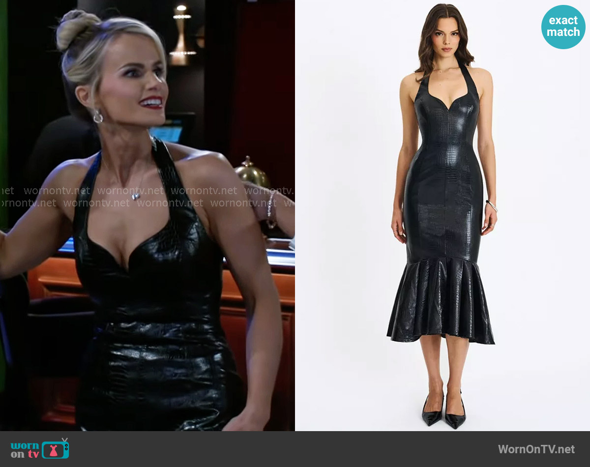 Miss Circle Gardenia Black Leather Midi Sweetheart Halter Flared Dress worn by Vanessa McBride (Lauren Buglioli) on Beyond the Gates