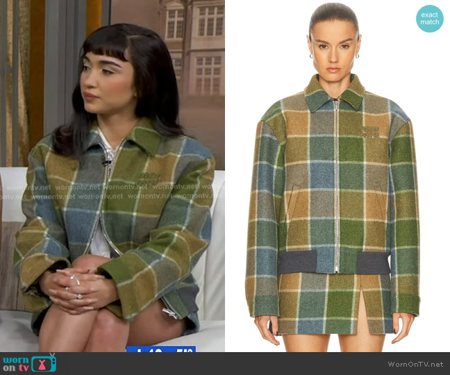 Miu Miu Check Padded Jacket in Cammello & Avio worn by Rowan Blanchard on Good Morning America