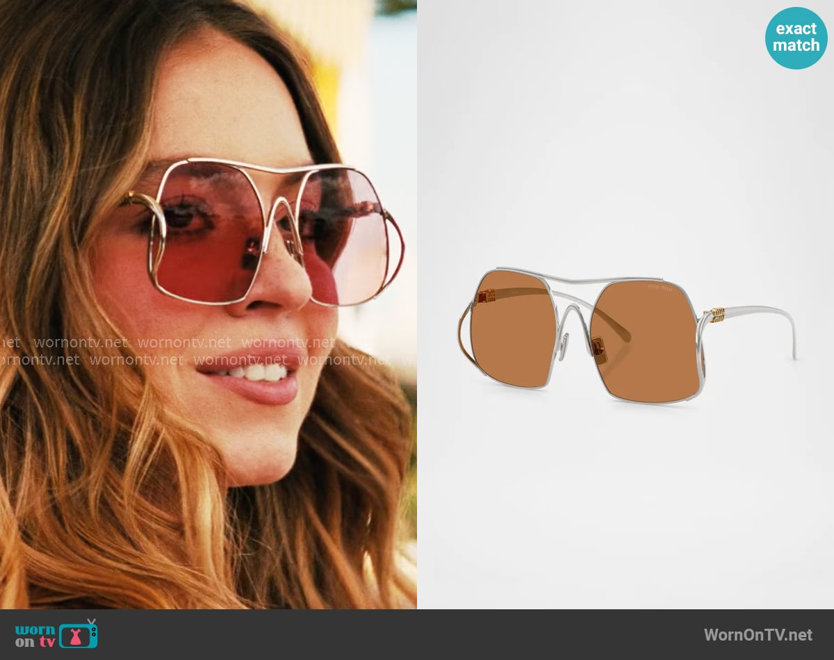 Miu Miu MU A55S Steel Square Sunglasses worn by Cassie Howard (Sydney Sweeney) on Euphoria