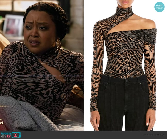 Mugler Star Print Cutout Tulle Bodysuit worn by Janine Teagues (Quinta Brunson) on Abbott Elementary