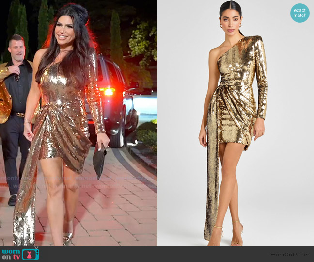 Nadine Merabi Celina Gold Sequin Dress worn by Jo-Ellen Tiberi on The Real Housewives of Rhode Island