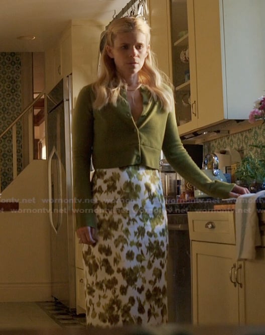 Nancy’s green cardigan and printed skirt on Imperfect Women