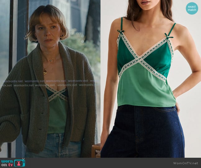 Nasty Gal Lace Trim Satin Camisole in Green worn by Lindsay Crane-Martín (Carey Mulligan) on Beef