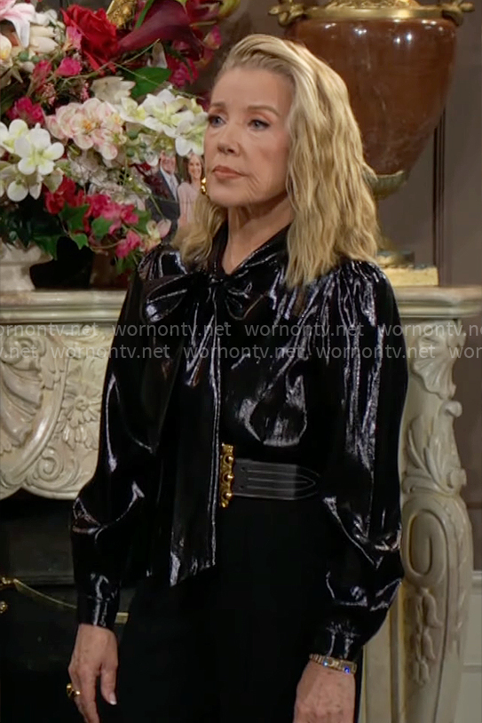 Nikki’s metallic black tie-neck blouse on The Young and the Restless