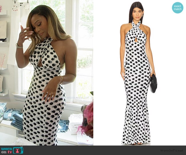 Norma Kamali Cross Halter Fishtail Gown worn by Angela Oakley on The Real Housewives of Atlanta