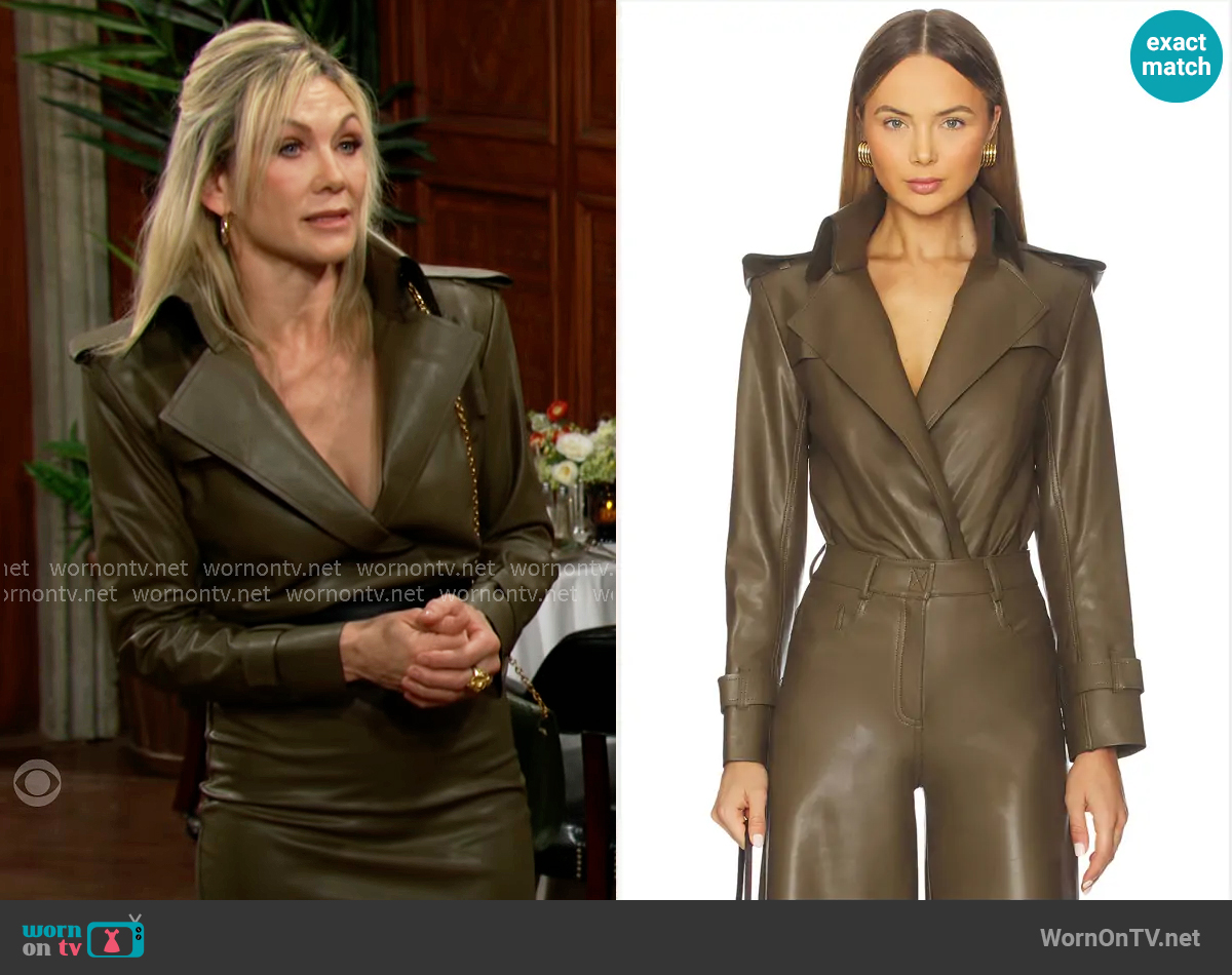 Norma Kamali Double Breasted Trench Bodysuit in Bark worn by Patty Williams (Stacy Haiduk) on The Young and the Restless