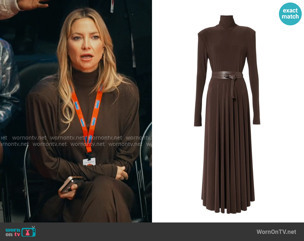 Norma Kamali LS Shoulder Pad Turtle Flared Dress in Bark worn by Isla Gordon (Kate Hudson) on Running Point