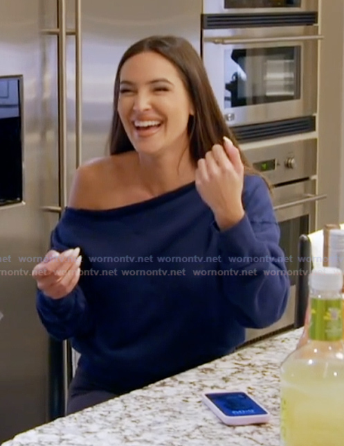 Kelsey’s navy off shoulder sweater on The Real Housewives of Rhode Island