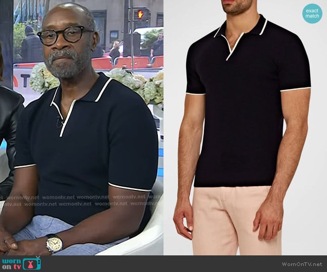 Orlebar Brown Horton Tipped Wool Polo Shirt in Navy worn by Don Cheadle on Today