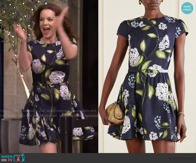 Oscar de la Renta Belted tiered floral-print cotton-blend poplin mini dress worn by Kimberly Williams-Paisley on Live with Kelly and Mark