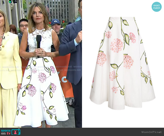 Oscar de la Renta Porcelain Flowers A-Line Midi Skirt in Pink White worn by Savannah Guthrie on Today