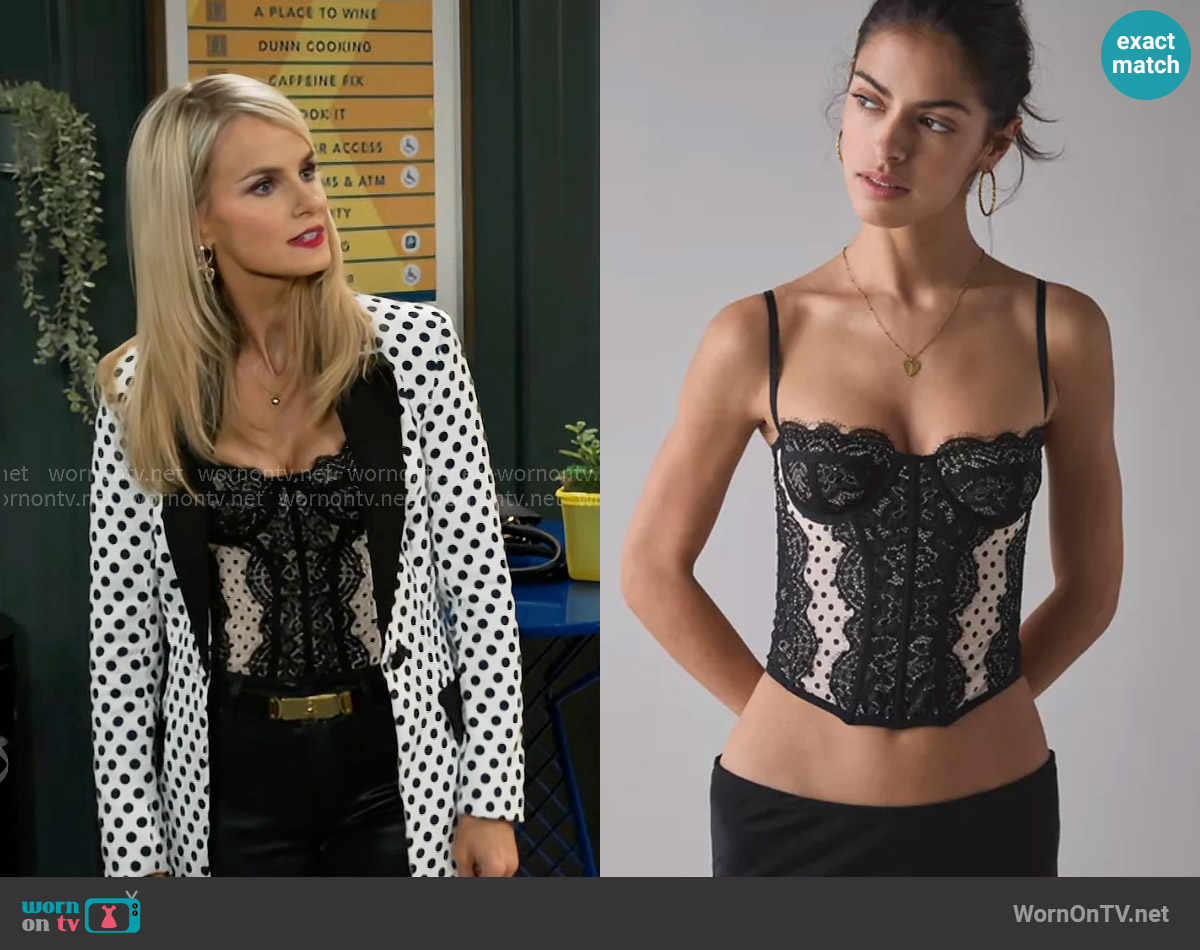 Out From Under Modern Love Corset in Black Polka Dot worn by Vanessa McBride (Lauren Buglioli) on Beyond the Gates
