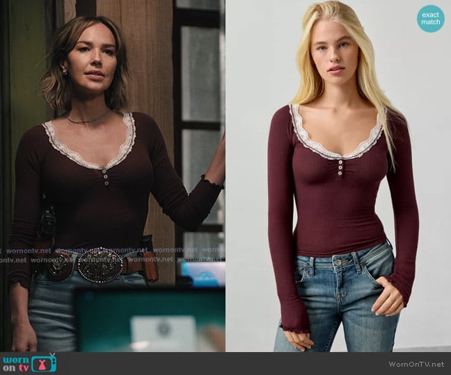 Out From Under Diana Layering Lace-Trim Henley Top in Dark Brown worn by Belle Skinner (Arielle Kebbel) on Marshals