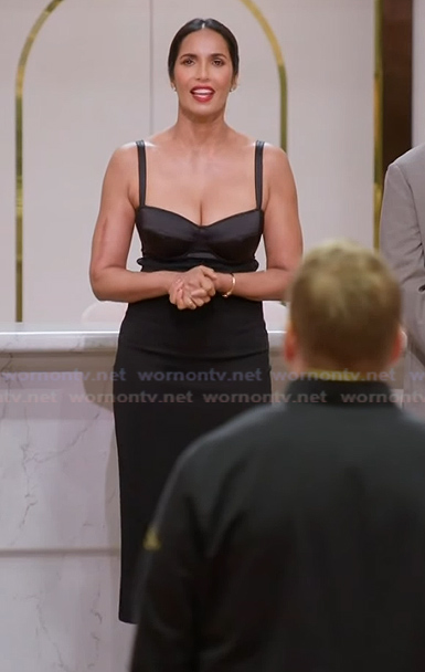 Padma’s black bustier dress on Americas Culinary Cup