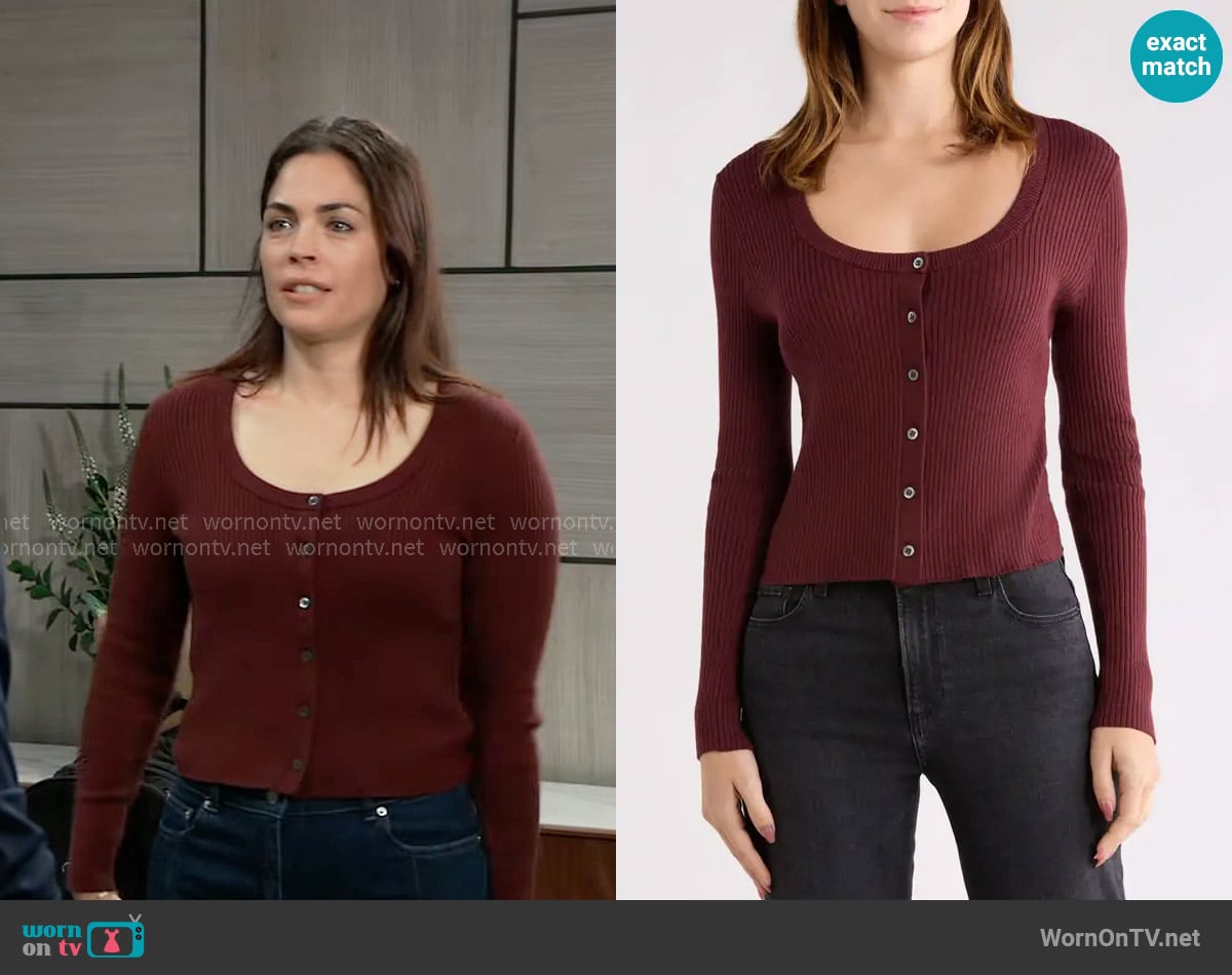 Paige Lima Cardigan in Oxblood worn by Britt Westbourne (Kelly Thiebaud) on General Hospital