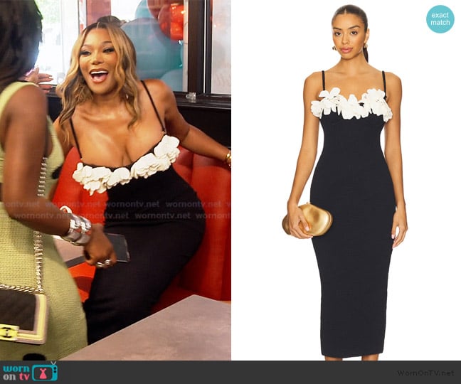Patbo Breeze Jacquard Colorblock Midi Dress worn by Angela Oakley on The Real Housewives of Atlanta
