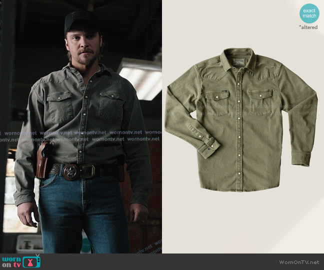 Poncho The Hidalgo Denim Shirt in Faded green worn by Kayce Dutton (Luke Grimes) on Marshals