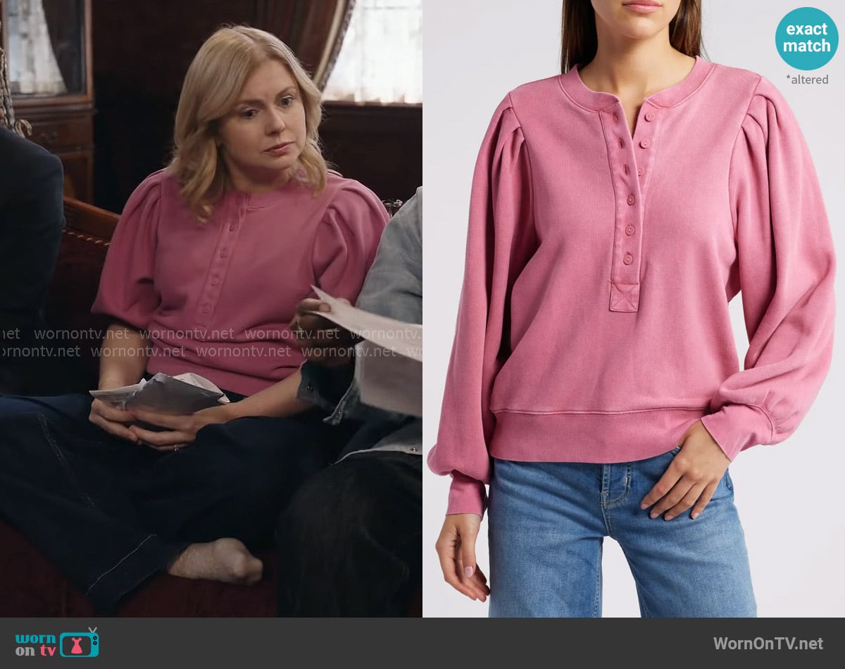 Rails Mariana Balloon Sleeve Sweatshirt in Hibiscus worn by Sam (Rose McIver) on Ghosts