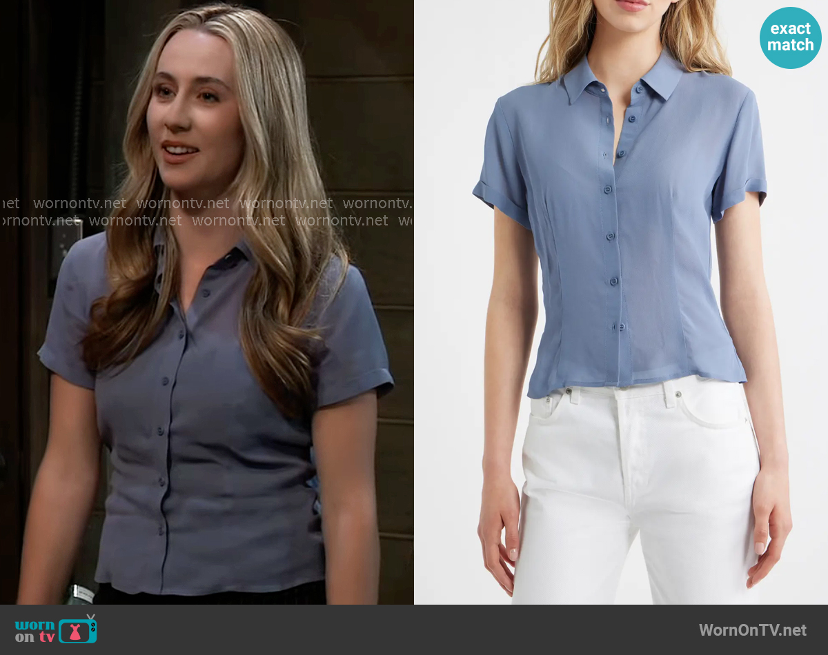 Reformation Corin Top in Cornflower worn by Josslyn Jacks (Eden McCoy) on General Hospital
