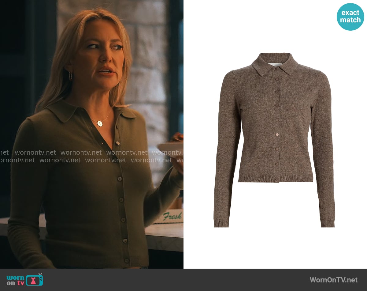 Reformation Florentina Cardigan in Cocoa worn by Isla Gordon (Kate Hudson) on Running Point