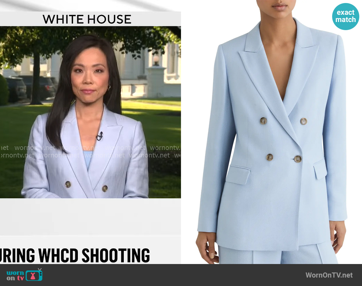 Reiss Magda Double Breasted Blazer in Blue worn by Weijia Jiang on CBS Mornings