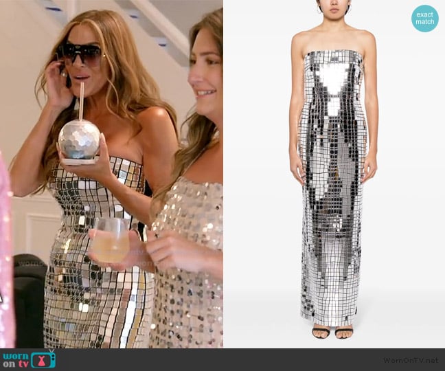 Retrofete Imani metallic strapless gown worn by Liz McGraw on The Real Housewives of Rhode Island