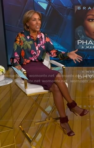 Robin’s burgundy ankle strap heel sandals on Good Morning America