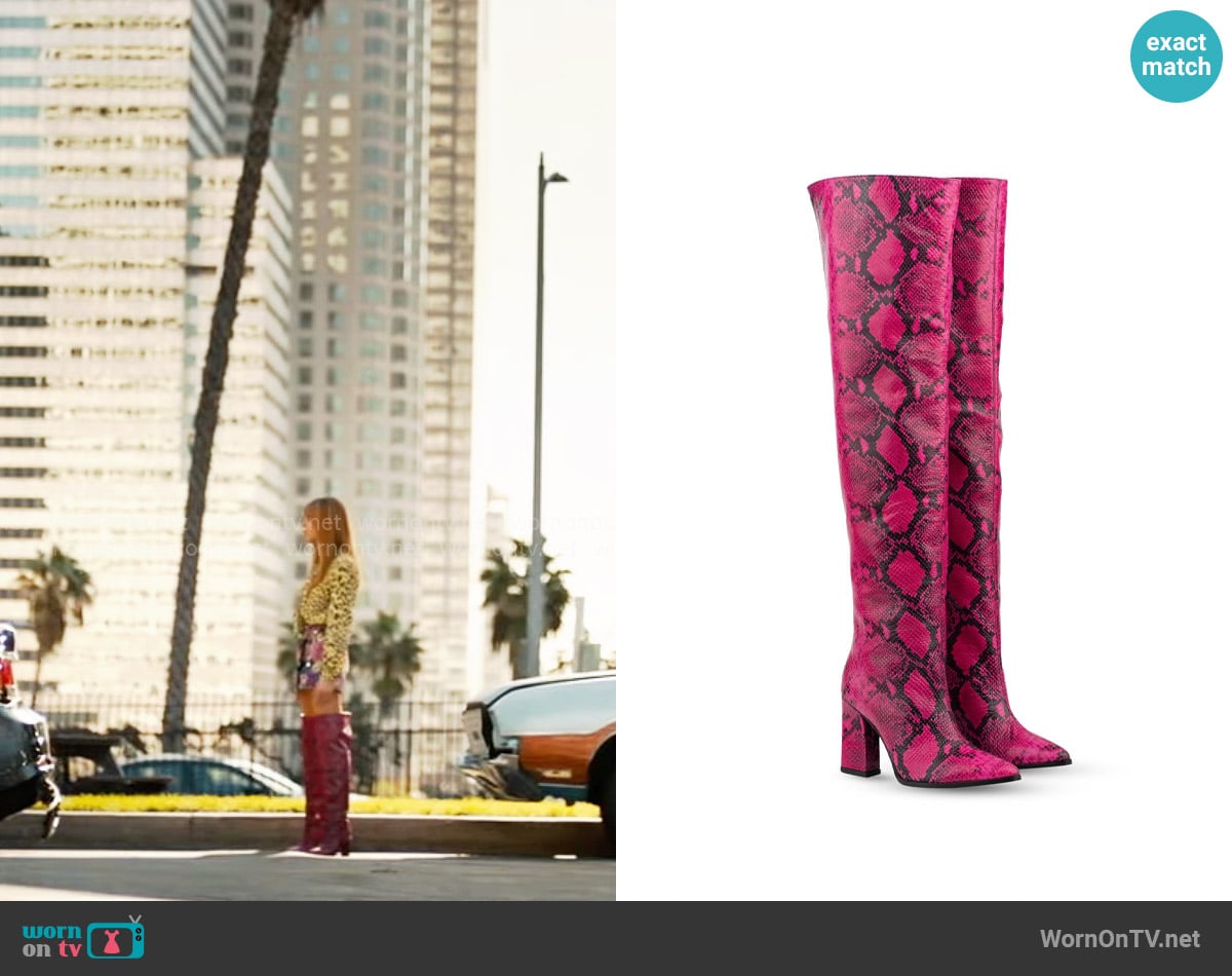 Rosamund Muir London Roma Pink & Black Snake Print Over Knee Boots worn by Morgan Gillory (Kaitlin Olson) on High Potential