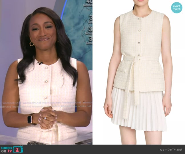 Sandro Bloom Mixed Media Short Dress in Ecru worn by Brittany Bell on Good Morning America