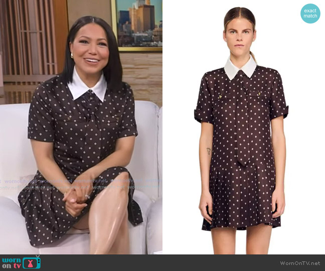 Sandro Printed Satin-effect Short Dress in Brown worn by Stephanie Ramos on Good Morning America