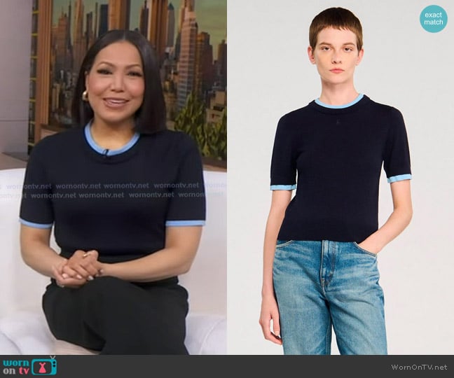 Sandro Two-tone Cropped Sweater in Navy Blue worn by Stephanie Ramos on Good Morning America
