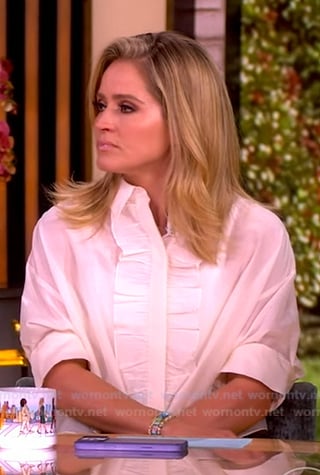 Sara’s white elbow-sleeve ruffle top on The View