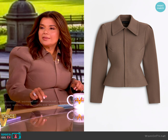 Scanlan Theodore Crepe Knit Peplum Collar Jacket in Whiskey worn by Ana Navarro on The View