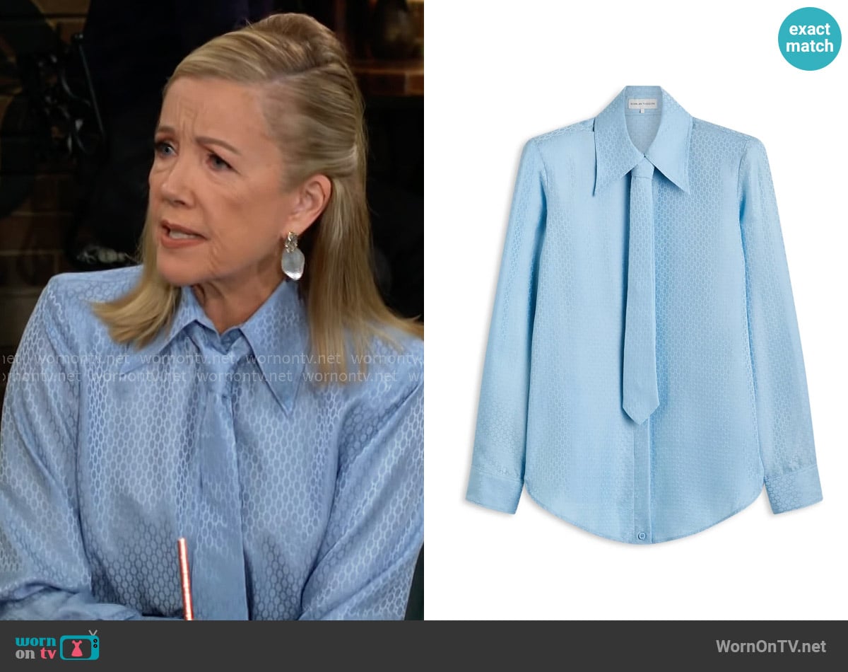 Scanlan Theodore Silk Chain Jacquard Tie Shirt in Pale Blue worn by Nikki Reed Newman (Melody Thomas-Scott) on The Young and the Restless