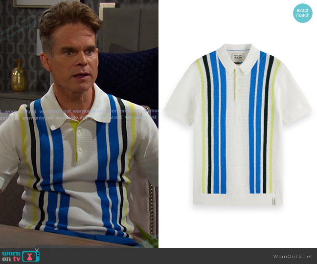 Scotch & Soda Stripe Textured Cotton Knit Polo in Swan worn by Leo Stark (Greg Rikaart) on Days of our Lives